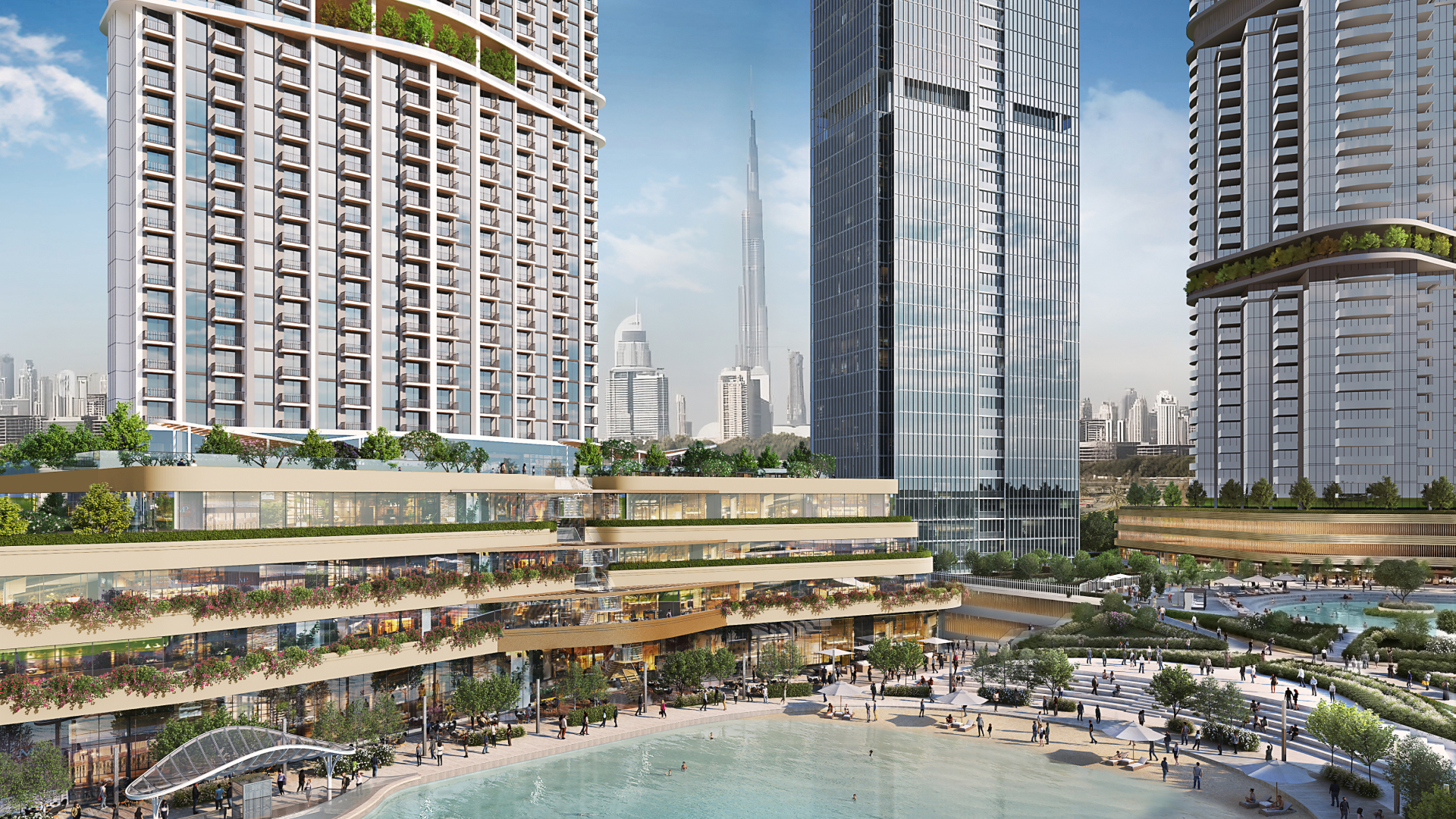 Residential complex with green terraces overlooking an artificial pool, surrounded by public spaces and the Dubai skyline in the background.