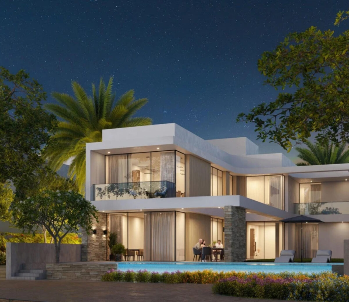 Una lussuosa villa contemporanea con linee minimaliste, circondata da palme e alberi tropicali, con una piscina privata e un cielo stellato sullo sfondo.