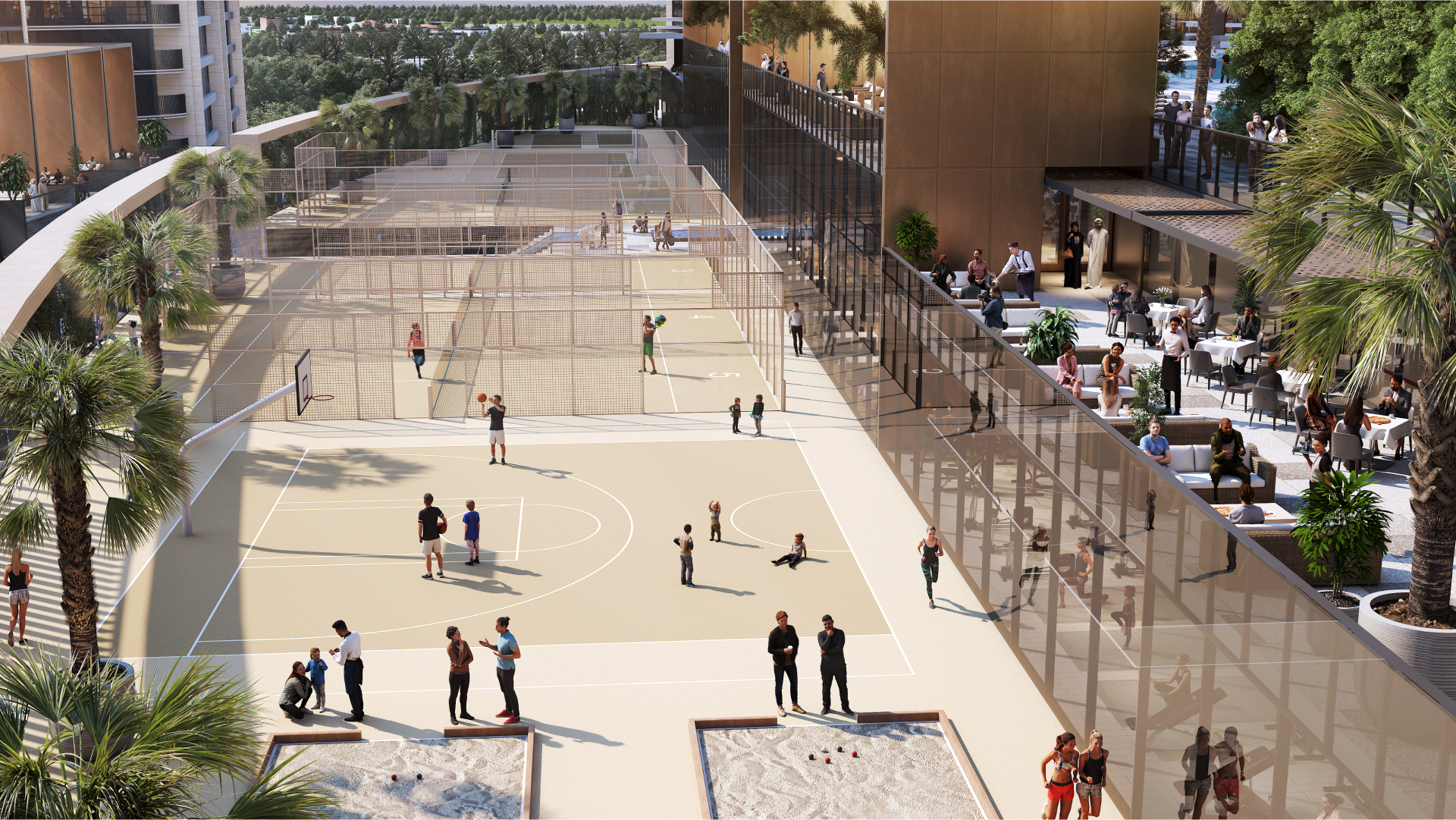 An outdoor sports area with basketball and beach volleyball courts, surrounded by palm trees and spaces for relaxation and socializing.